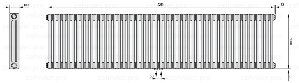 Схема (чертеж) Радиатор Zehnder Charleston 3100/49 №5410 Белый глянцевый RAL 9016